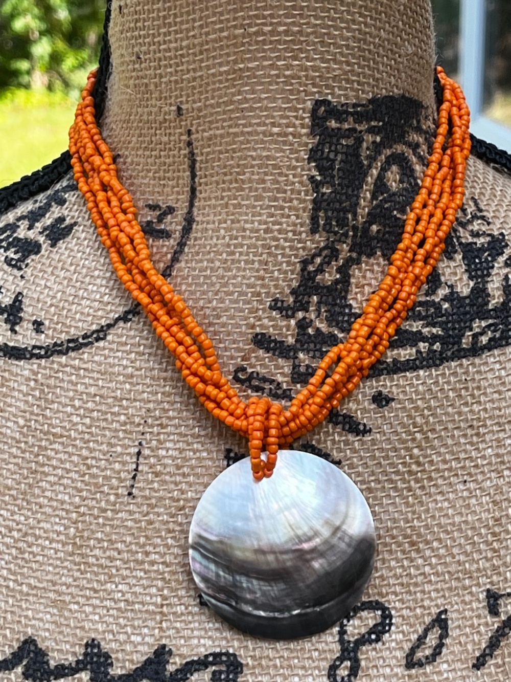 Seed Beads With Mother Of Pearl Pendant Necklace Orange
